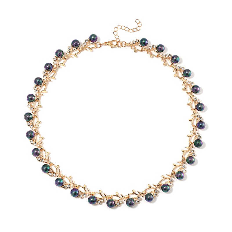Peacock Color Shell Pearl and White Crystal Blossom Vine Necklace 18-20 Inches in Goldtone