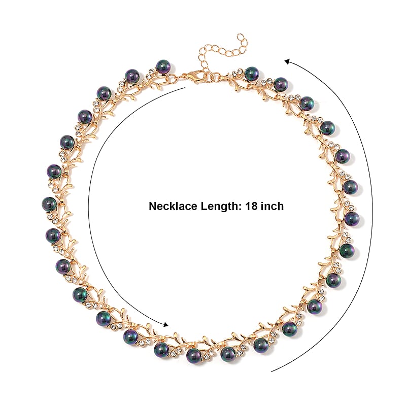 Peacock Color Shell Pearl and White Crystal Blossom Vine Necklace 18-20 Inches in Goldtone