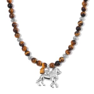 Tigers Eye Beaded Necklace with Lion Charm 20 Inches in Silvertone and Stainless Steel 285.00 ctw