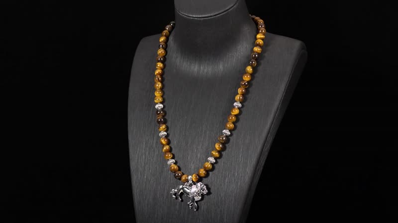 Tigers Eye Beaded Necklace with Lion Charm 20 Inches in Silvertone and Stainless Steel 285.00 ctw