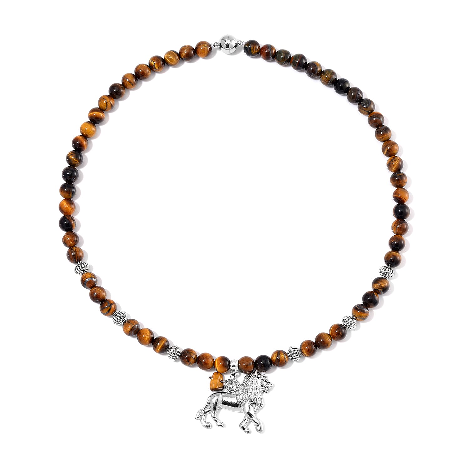 Tigers Eye Beaded Necklace with Lion Charm 20 Inches in Silvertone and Stainless Steel 285.00 ctw