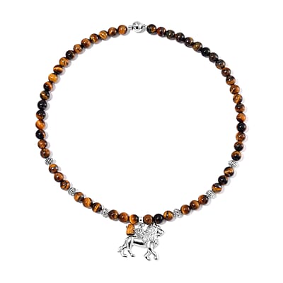 Tigers Eye Beaded Necklace with Lion Charm 20 Inches in Silvertone and Stainless Steel 285.00 ctw