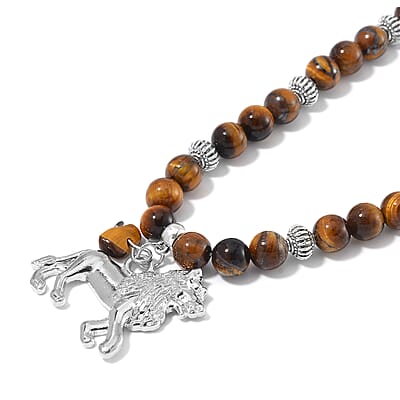 Tigers Eye Beaded Necklace with Lion Charm 20 Inches in Silvertone and Stainless Steel 285.00 ctw