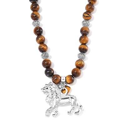 Tigers Eye Beaded Necklace with Lion Charm 20 Inches in Silvertone and Stainless Steel 285.00 ctw