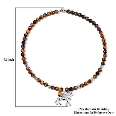 Tigers Eye Beaded Necklace with Lion Charm 20 Inches in Silvertone and Stainless Steel 285.00 ctw