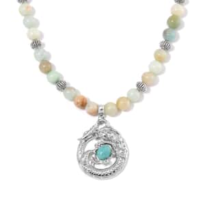 Multi Color Amazonite Beaded Necklace with Dragon Charm 20 Inches in Silvertone and Stainless Steel 305.00 ctw