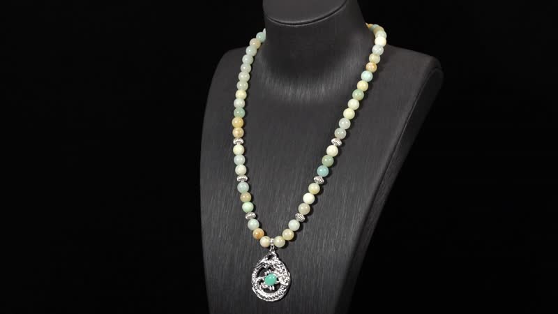 Multi Color Amazonite Beaded Necklace with Dragon Charm 20 Inches in Silvertone and Stainless Steel 305.00 ctw