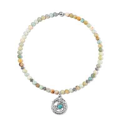 Multi Color Amazonite Beaded Necklace with Dragon Charm 20 Inches in Silvertone and Stainless Steel 305.00 ctw