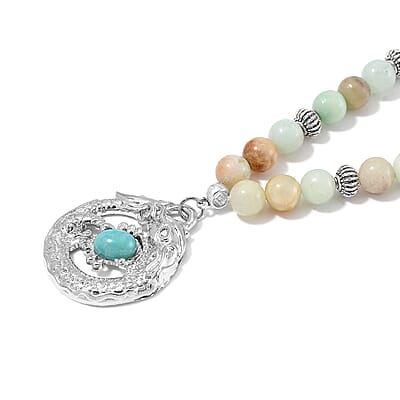 Multi Color Amazonite Beaded Necklace with Dragon Charm 20 Inches in Silvertone and Stainless Steel 305.00 ctw