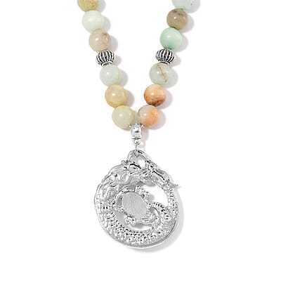 Multi Color Amazonite Beaded Necklace with Dragon Charm 20 Inches in Silvertone and Stainless Steel 305.00 ctw