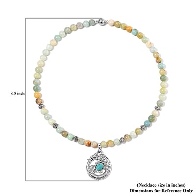Multi Color Amazonite Beaded Necklace with Dragon Charm 20 Inches in Silvertone and Stainless Steel 305.00 ctw