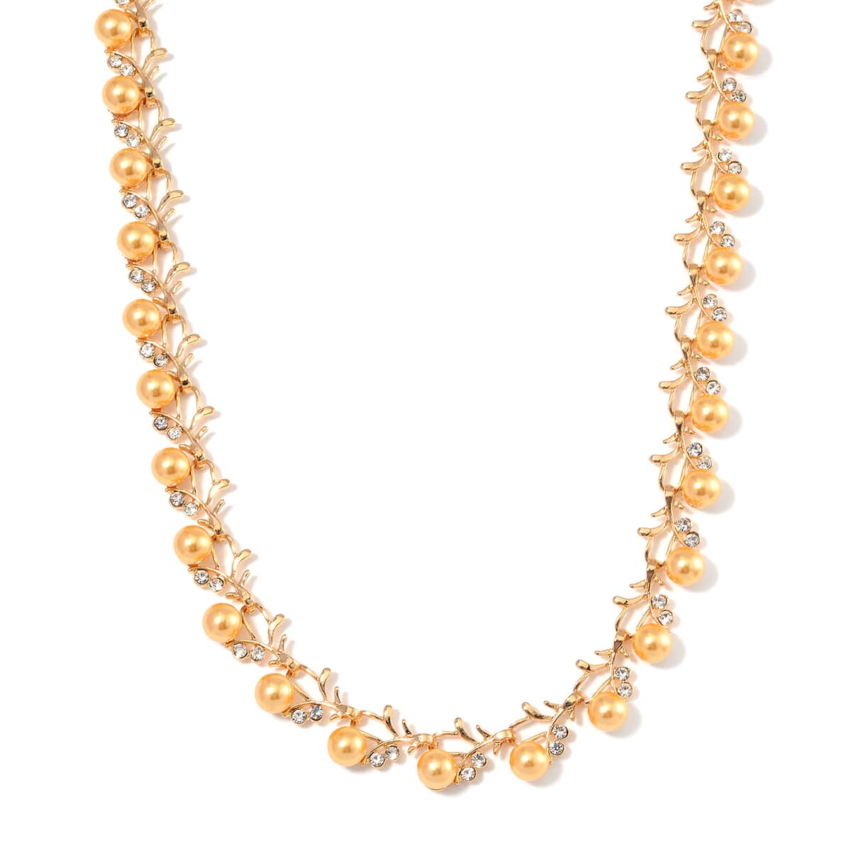 Golden Shell Pearl and White Crystal Necklace 18-20 Inches in Goldtone image number 0