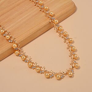 Golden Shell Pearl and White Crystal Blossom Vine Necklace 18-20 Inches in Goldtone