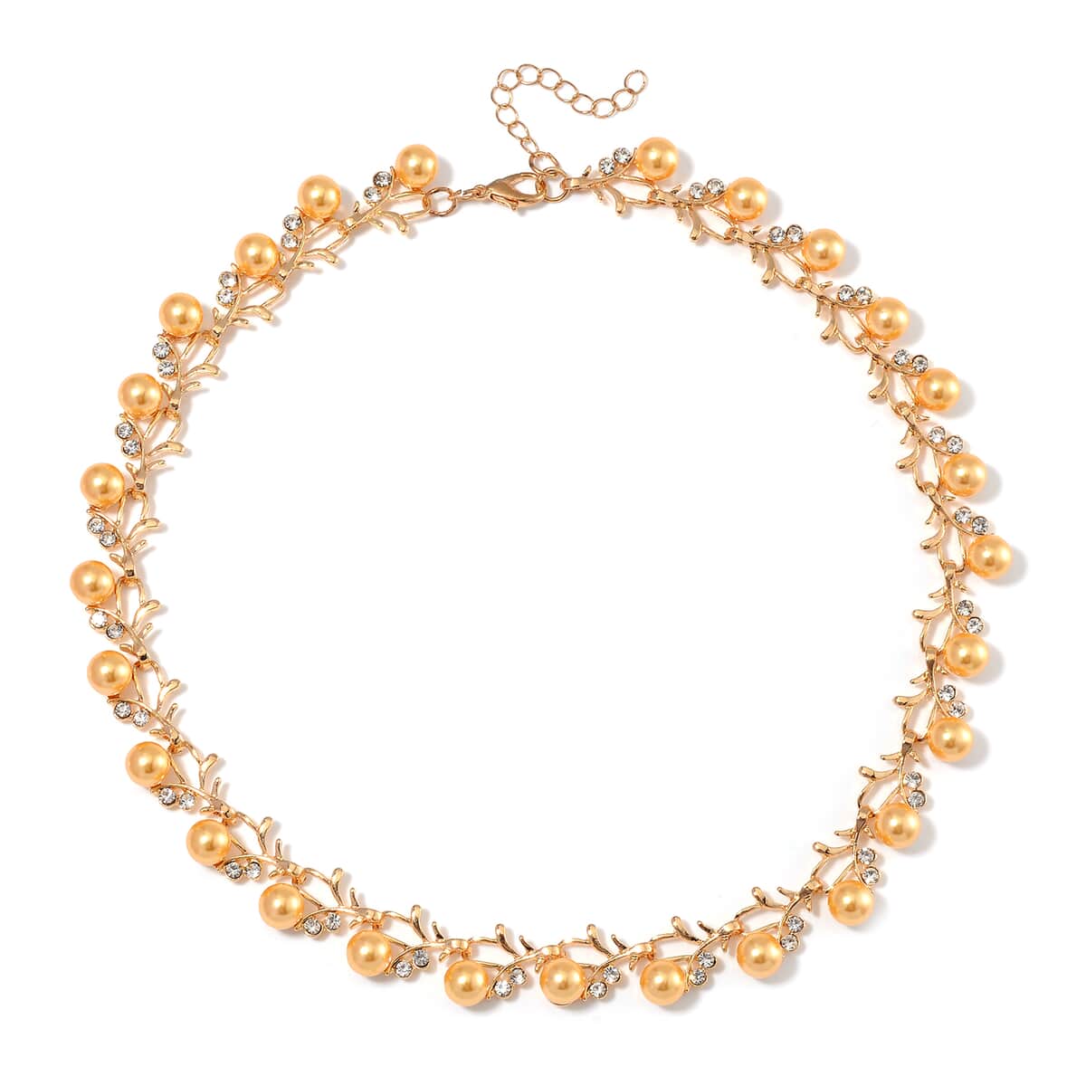 Golden Shell Pearl and White Crystal Necklace 18-20 Inches in Goldtone image number 2