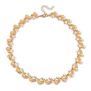 Golden Shell Pearl and White Crystal Blossom Vine Necklace 18-20 Inches in Goldtone