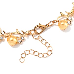 Golden Shell Pearl and White Crystal Blossom Vine Necklace 18-20 Inches in Goldtone