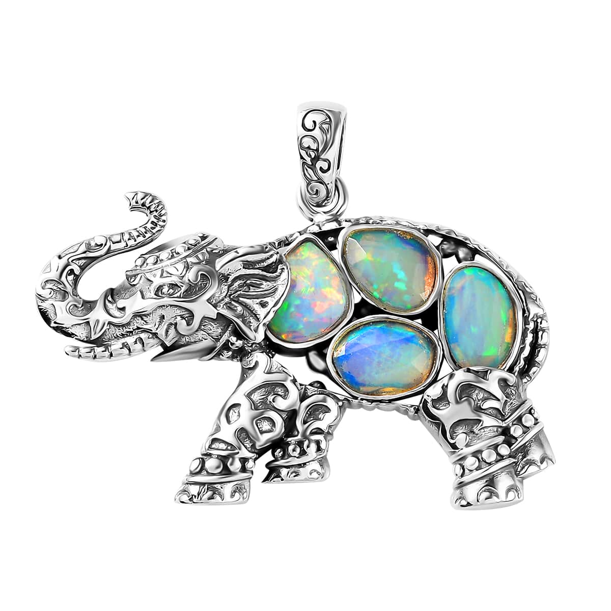 Indian Artistry Polki Ethiopian Welo Opal 1.75 ctw Elephant Pendant in Sterling Silver image number 0