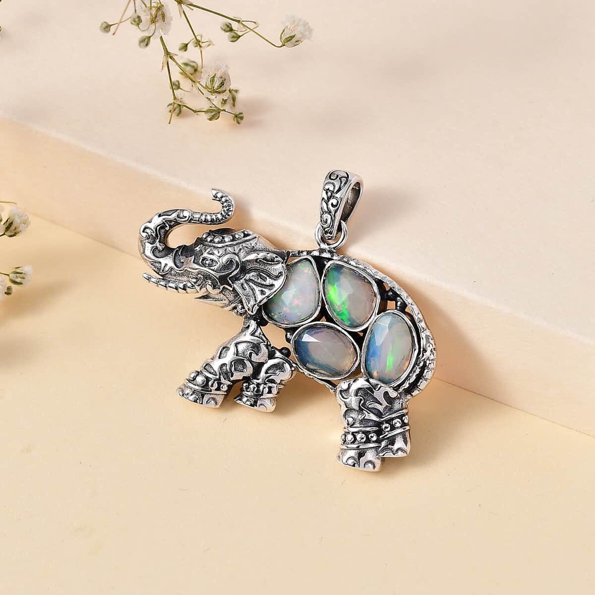 Indian Artistry Polki Ethiopian Welo Opal 1.75 ctw Elephant Pendant in Sterling Silver image number 1