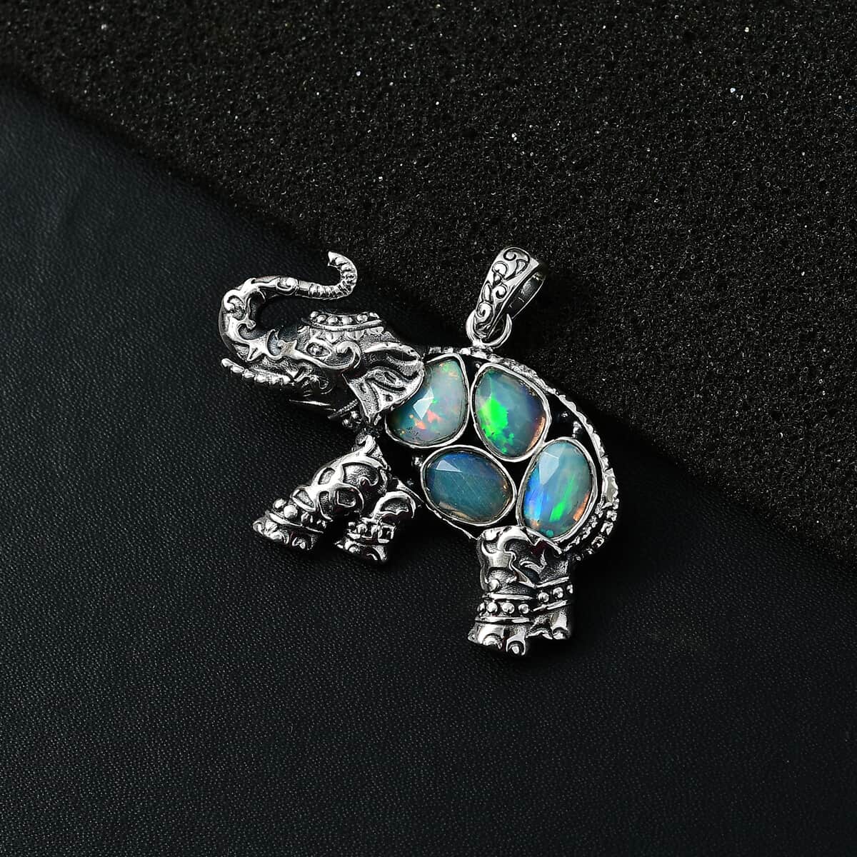 Indian Artistry Polki Ethiopian Welo Opal 1.75 ctw Elephant Pendant in Sterling Silver image number 2