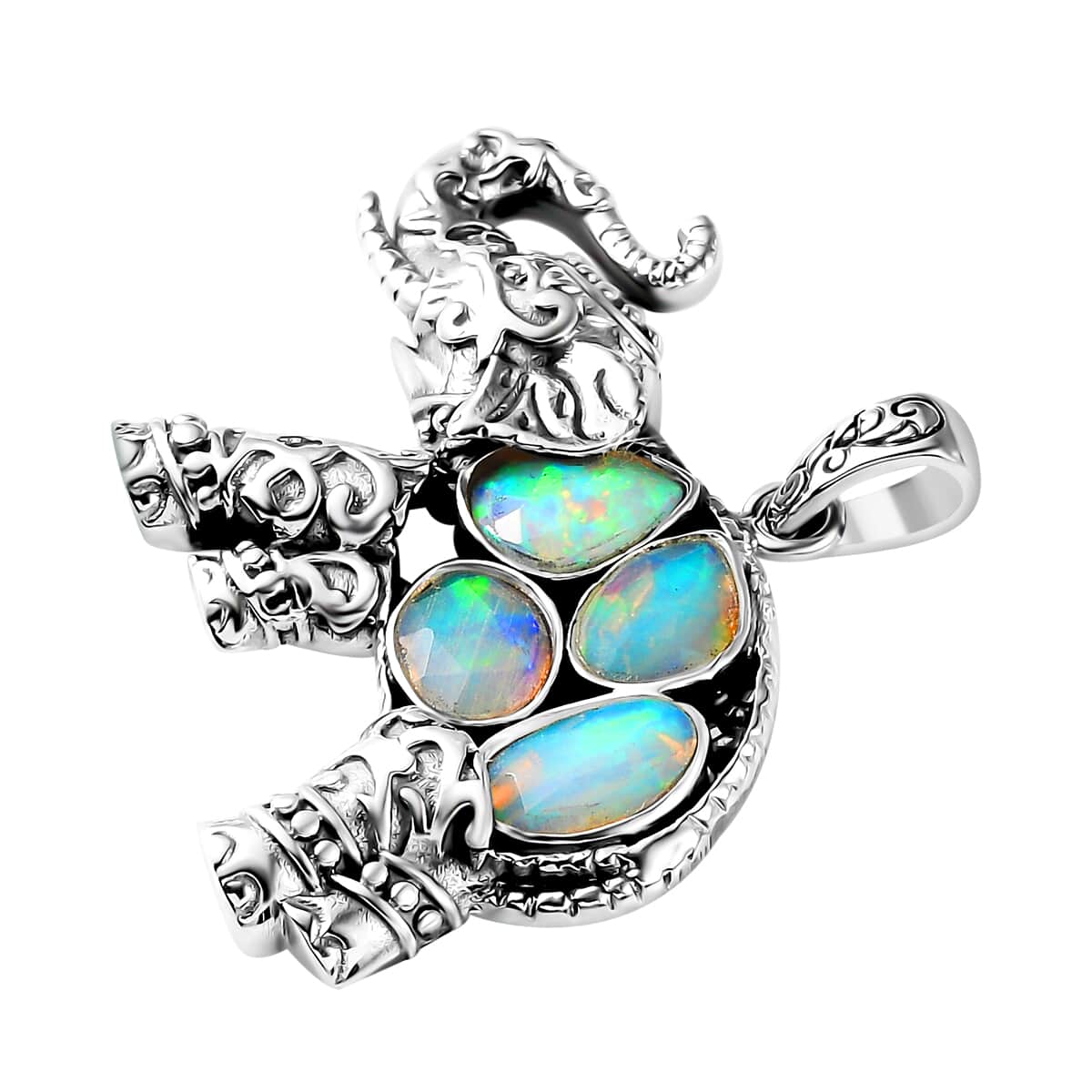 Indian Artistry Polki Ethiopian Welo Opal 1.75 ctw Elephant Pendant in Sterling Silver image number 4