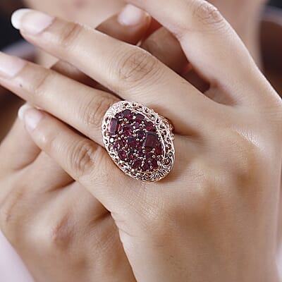 Orissa Rhodolite Garnet Filigree and Lotus Flower Ring in 18K Vermeil Rose Gold Over Sterling Silver (Size 10.0) 5.60 ctw