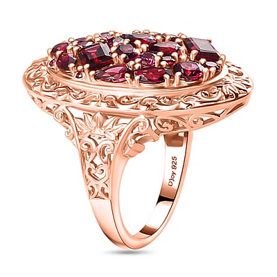 Orissa Rhodolite Garnet Filigree and Lotus Flower Ring in 18K Vermeil Rose Gold Over Sterling Silver (Size 10.0) 5.60 ctw