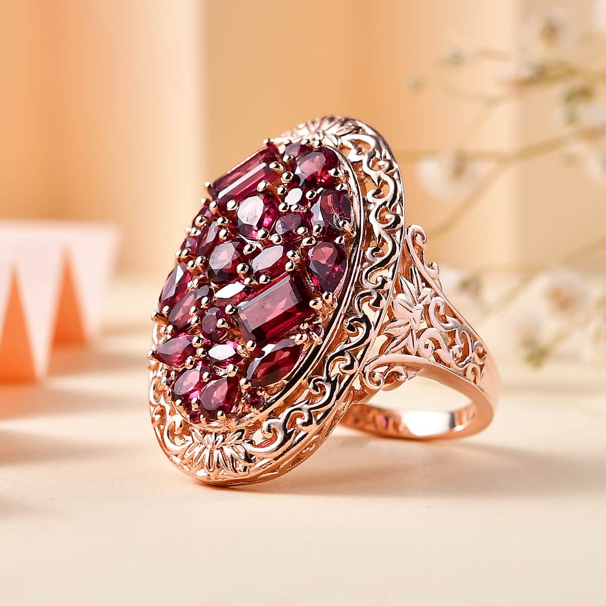 Orissa Rhodolite Garnet Filigree and Lotus Flower Ring in 18K Vermeil Rose Gold Over Sterling Silver (Size 5.0) 5.60 ctw image number 1