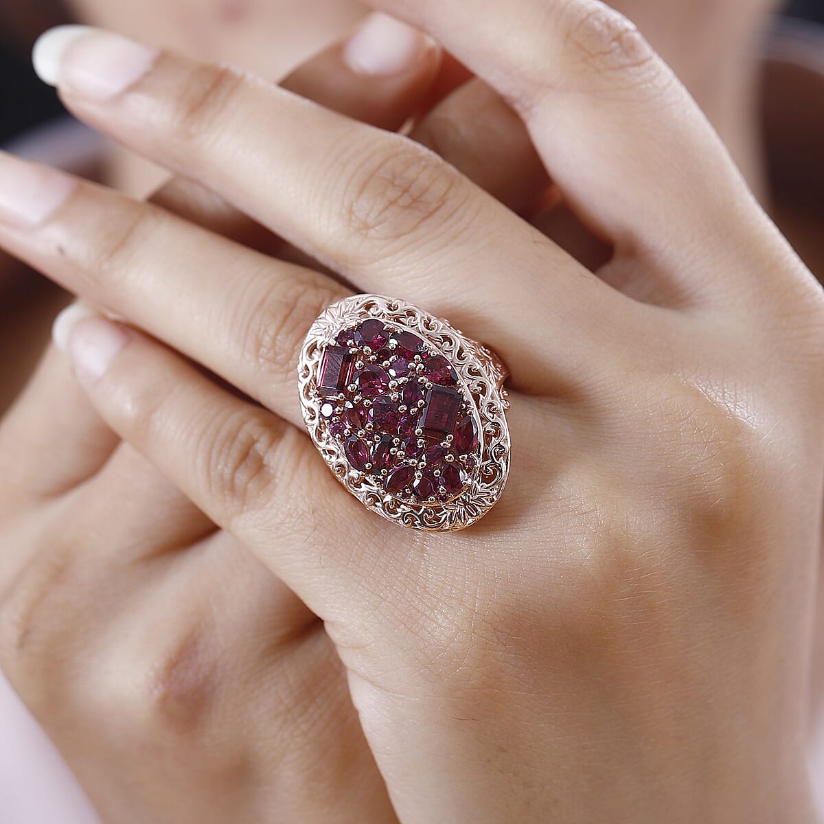 D'Joy Orissa Rhodolite Garnet Filigree and Lotus Flower Ring in 18K Vermeil Rose Gold Over Sterling Silver (Size 6.0) 5.60 ctw image number 2