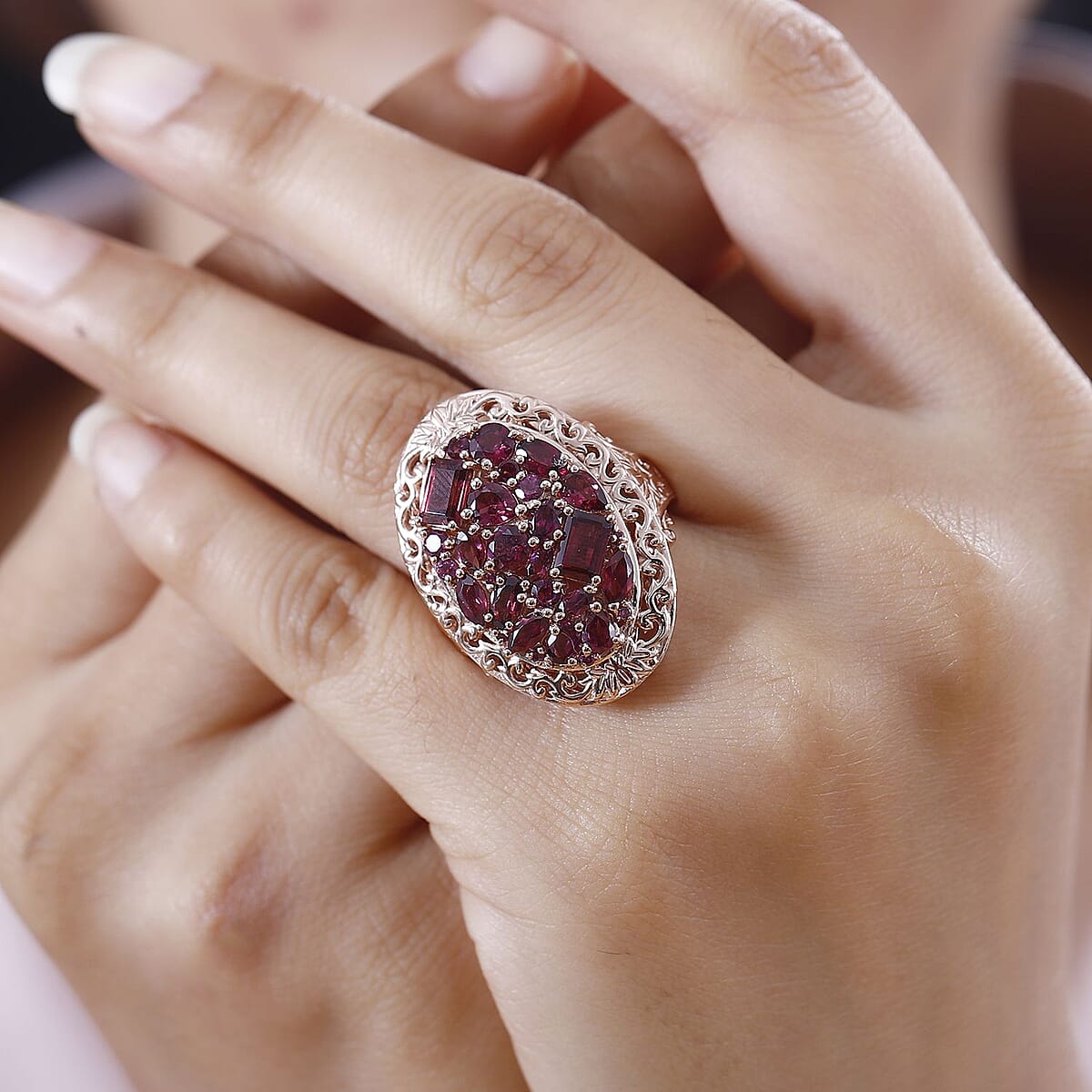 Orissa Rhodolite Garnet Filigree and Lotus Flower Ring in 18K Vermeil RG Over Sterling Silver (Size 9.0) 5.60 ctw image number 2