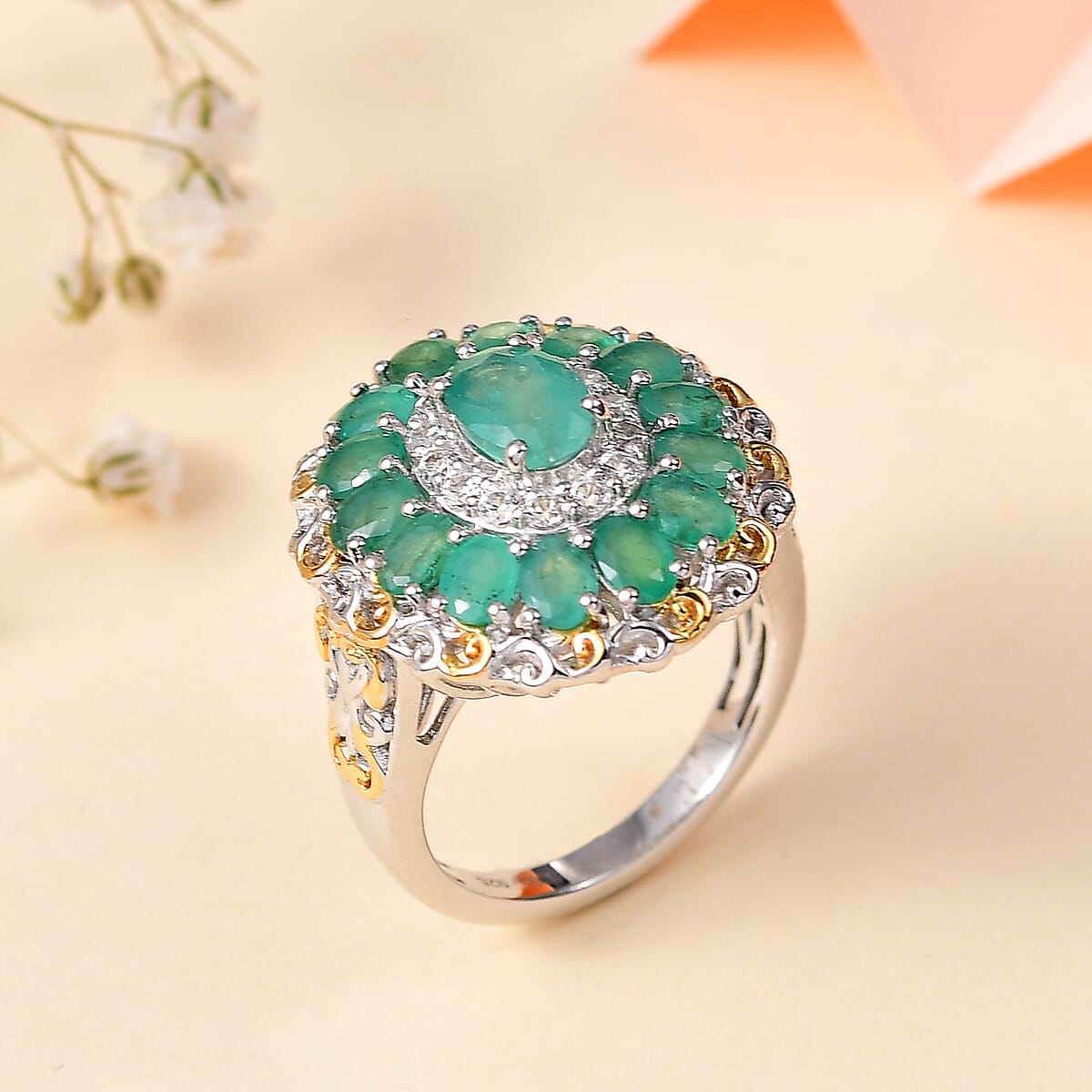Kagem Zambian Emerald and White Zircon Floral Ring in 18K Vermeil YG and Rhodium Over Sterling Silver (Size 6.0) 3.00 ctw image number 1