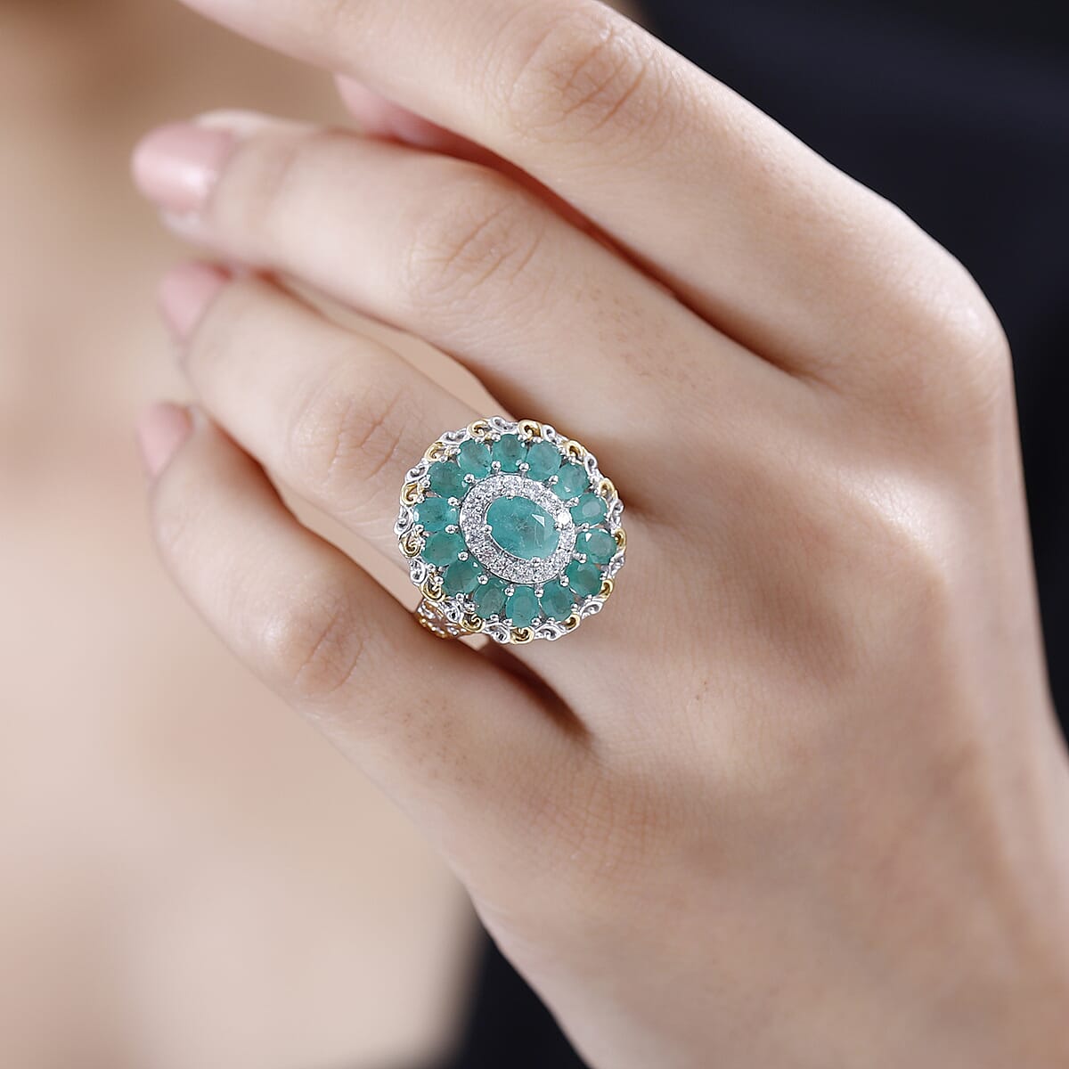 Kagem Zambian Emerald and White Zircon Floral Ring in 18K Vermeil YG and Rhodium Over Sterling Silver (Size 6.0) 3.00 ctw image number 2