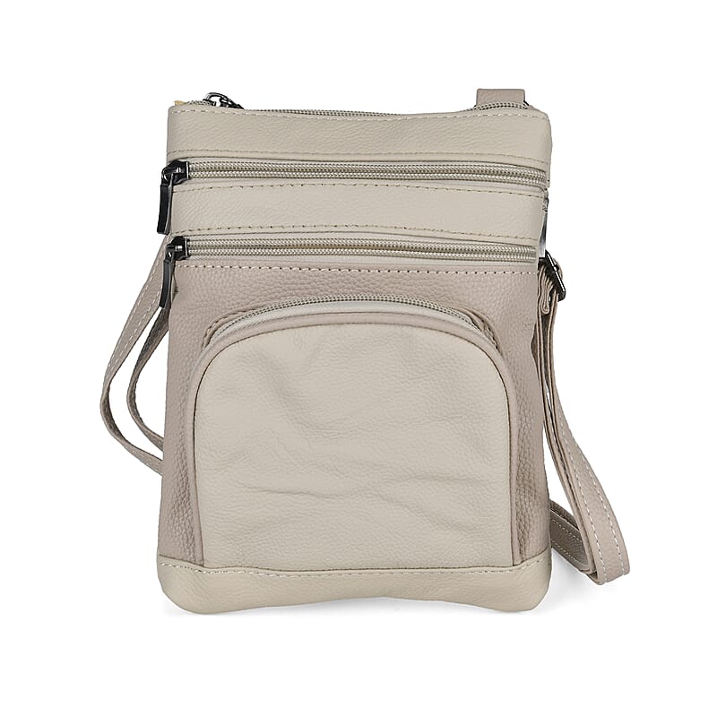 Beige Cow Leather Crossbody Bag with Faux Leather Trim
