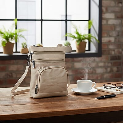 Beige Cow Leather Crossbody Bag with Faux Leather Trim