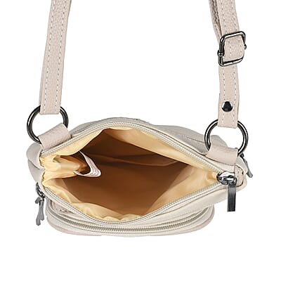 Beige Cow Leather Crossbody Bag with Faux Leather Trim
