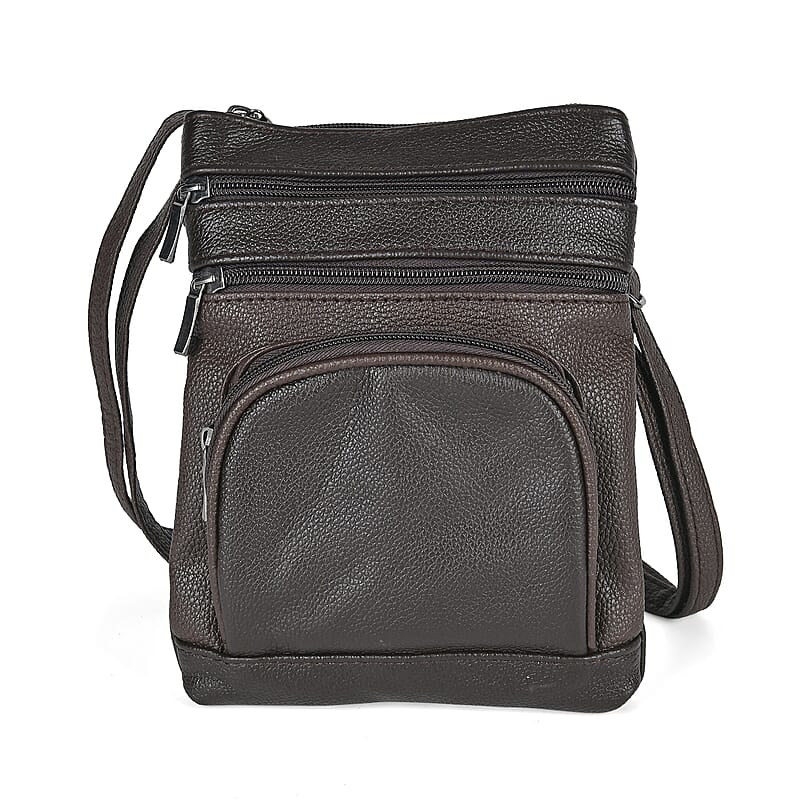 Dark Brown Cow Leather Crossbody Bag with Faux Leather Trim