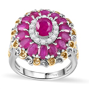 Royal Ruby and White Zircon Floral Ring in 18K Vermeil YG and Rhodium Over Sterling Silver (Size 6.0) 4.15 ctw