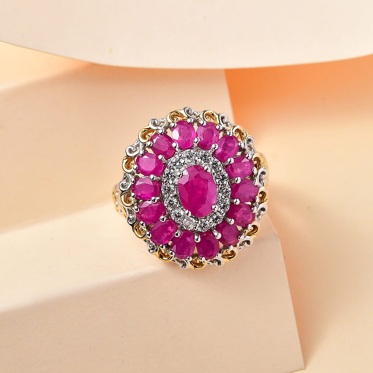 Royal Ruby and White Zircon Floral Ring in 18K Vermeil YG and Rhodium Over Sterling Silver (Size 6.0) 4.15 ctw image number 1
