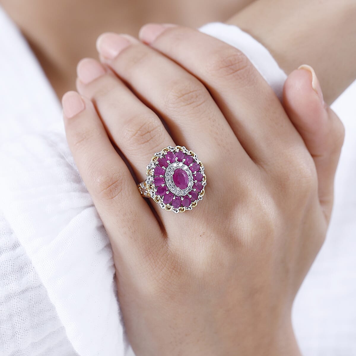 Royal Ruby and White Zircon Floral Ring in 18K Vermeil YG and Rhodium Over Sterling Silver (Size 6.0) 4.15 ctw image number 2