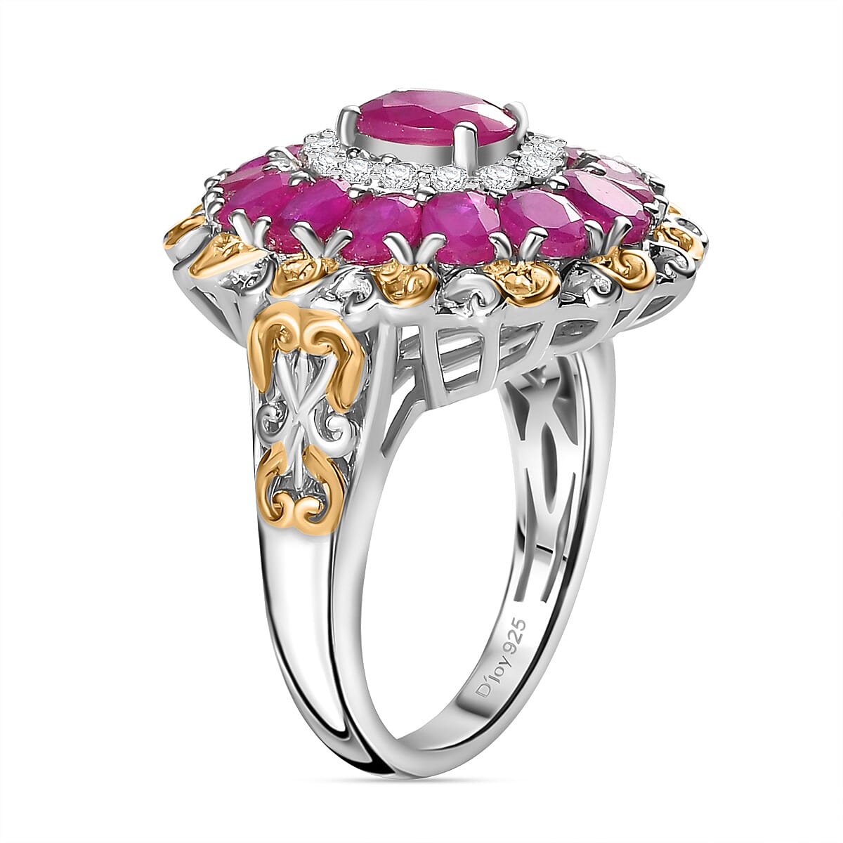 Royal Ruby and White Zircon Floral Ring in 18K Vermeil YG and Rhodium Over Sterling Silver (Size 6.0) 4.15 ctw image number 3