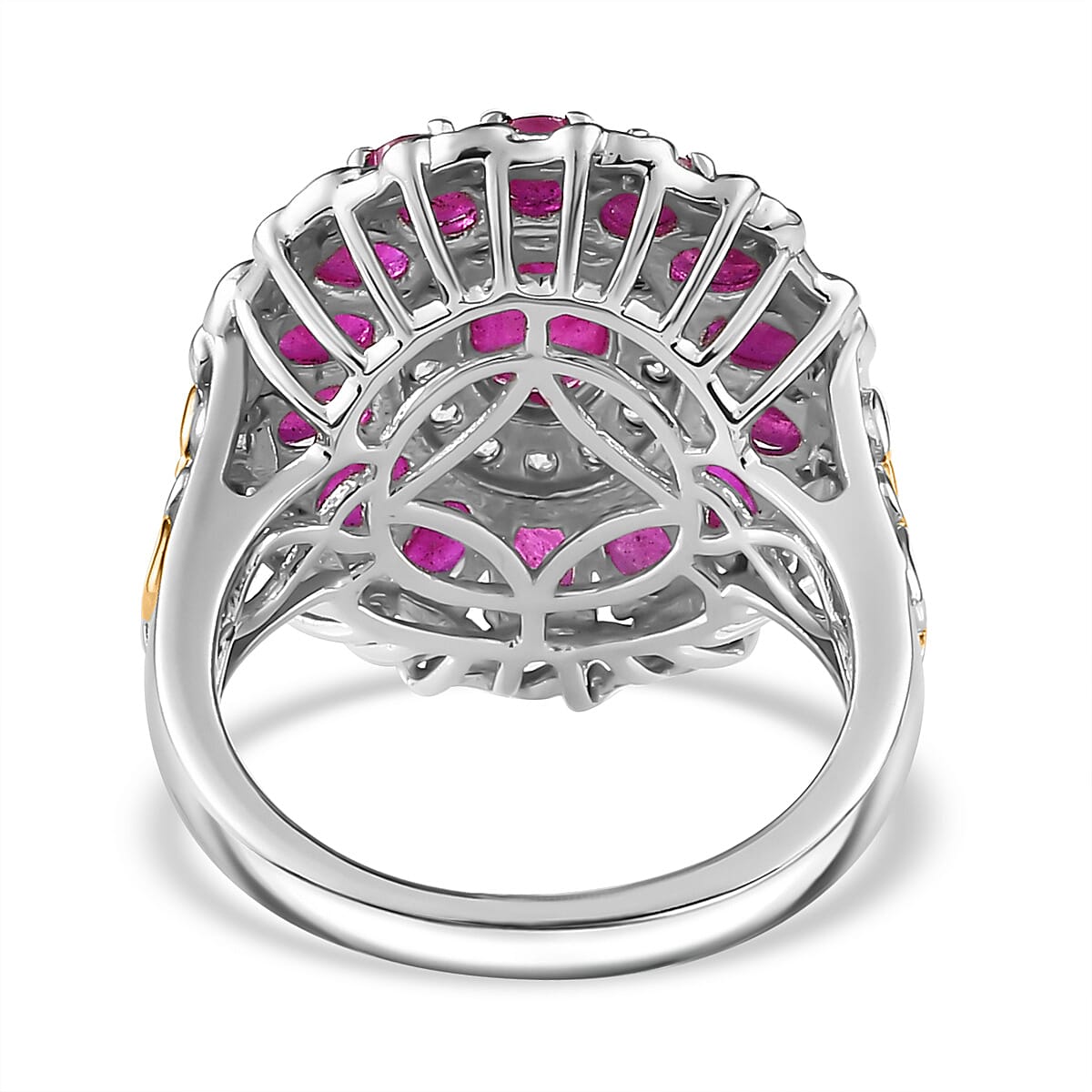 Royal Ruby and White Zircon Floral Ring in 18K Vermeil YG and Rhodium Over Sterling Silver (Size 6.0) 4.15 ctw image number 4