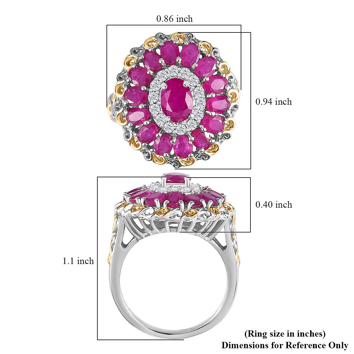 Royal Ruby and White Zircon Floral Ring in 18K Vermeil YG and Rhodium Over Sterling Silver (Size 6.0) 4.15 ctw image number 5