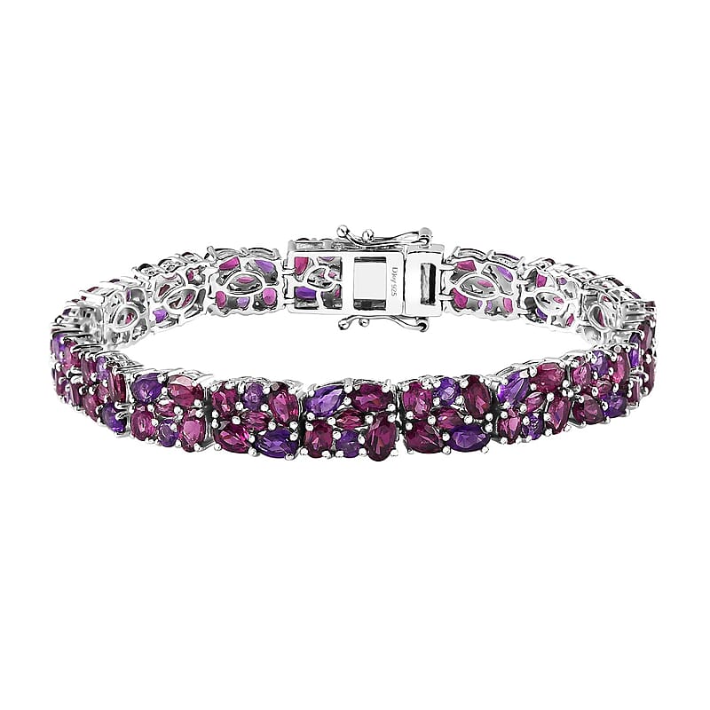 D'Joy Orissa Rhodolite Garnet and Amethyst Floral Garland Bracelet in Rhodium Over Sterling Silver (7.25 In) 22.40 ctw