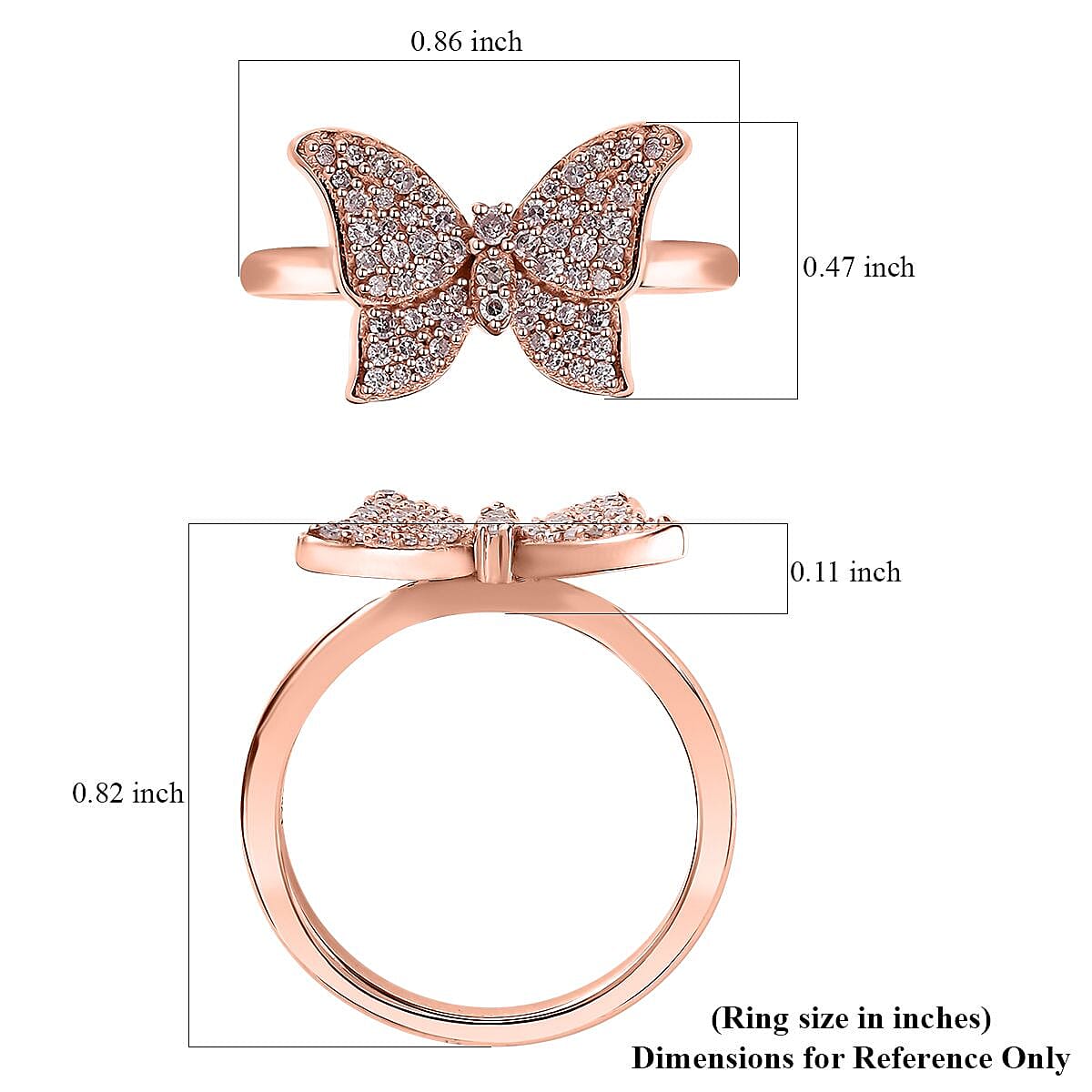 Natural Pink Diamond I3 0.33 ctw Butterfly Ring in 18K Vermeil Rose Gold Over Sterling Silver (Size 10.0)