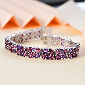 Orissa Rhodolite Garnet and Amethyst Floral Garland Bracelet in Rhodium Over Sterling Silver (6.50 In) 20.50 ctw