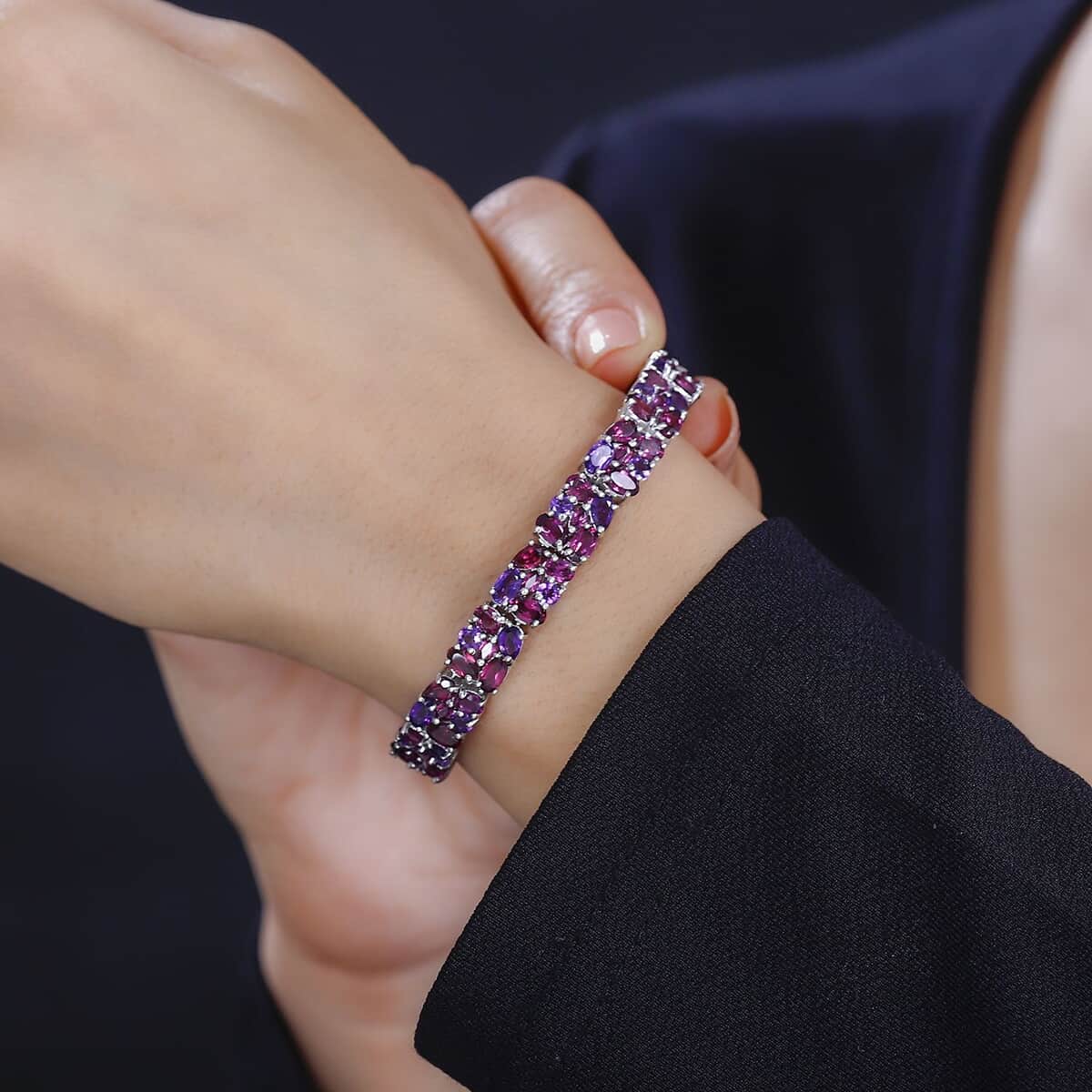 Orissa Rhodolite Garnet and Amethyst Floral Garland Bracelet in Rhodium Over Sterling Silver (6.50 In) 20.50 ctw image number 2