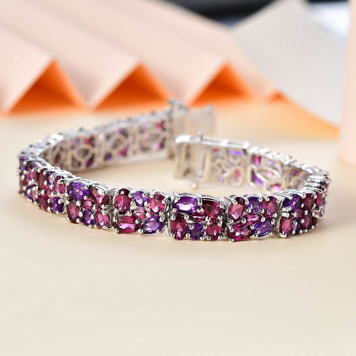 Orissa Rhodolite Garnet and Amethyst Floral Garland Bracelet in Rhodium Over Sterling Silver (8.00 In) 24.50 ctw image number 1