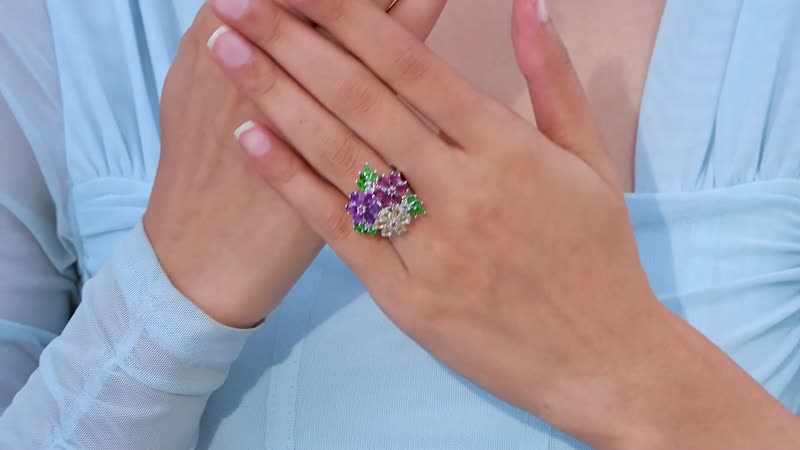 Multi Gemstone Floral Ring in Rhodium Over Sterling Silver 5.75 ctw