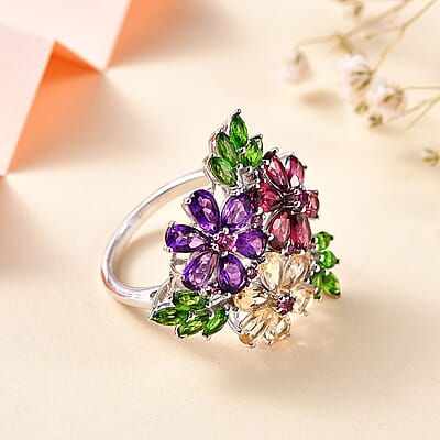 Multi Gemstone Hibiscus Flower Ring in Rhodium Over Sterling Silver (Size 10.0) 5.75 ctw