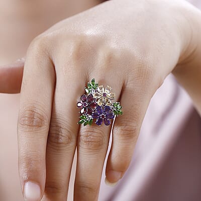Multi Gemstone Hibiscus Flower Ring in Rhodium Over Sterling Silver (Size 10.0) 5.75 ctw