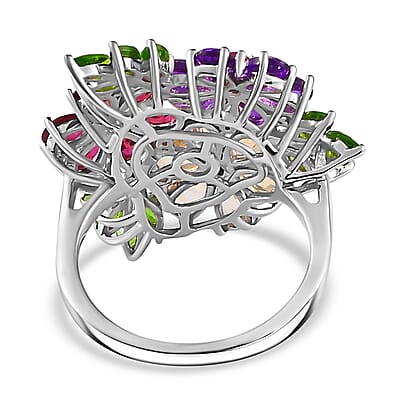 Multi Gemstone Hibiscus Flower Ring in Rhodium Over Sterling Silver (Size 10.0) 5.75 ctw